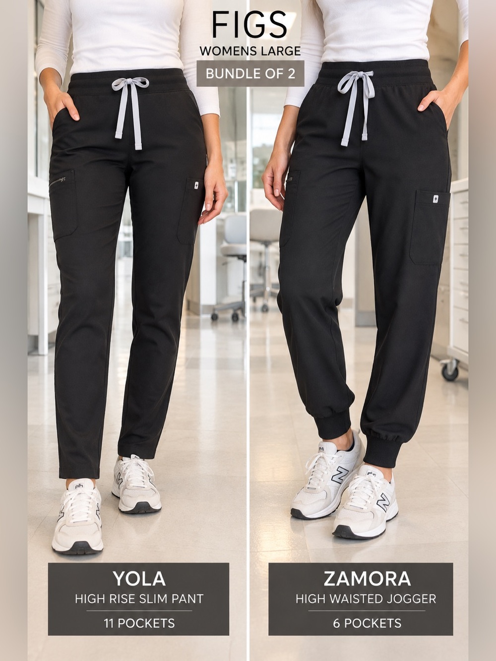 FIGS Womens Large Black Scrub Pants Yola Zamora Jogger Nurse Bundle 2 Pr medical